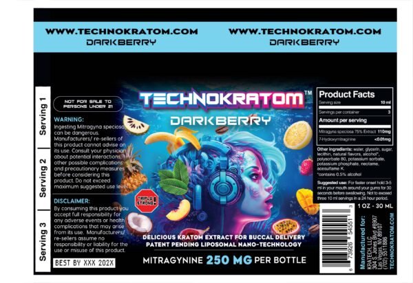 bottle label with product facts technokratom 250 mg mitragynine