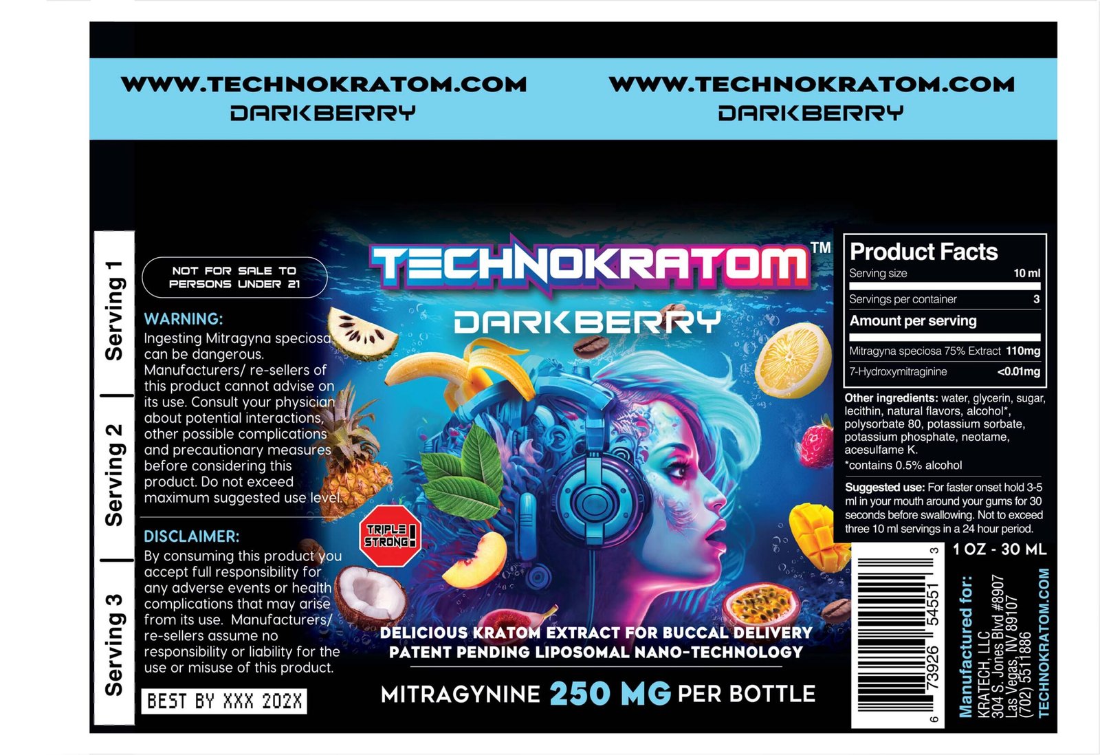 bottle label with product facts technokratom 250 mg mitragynine